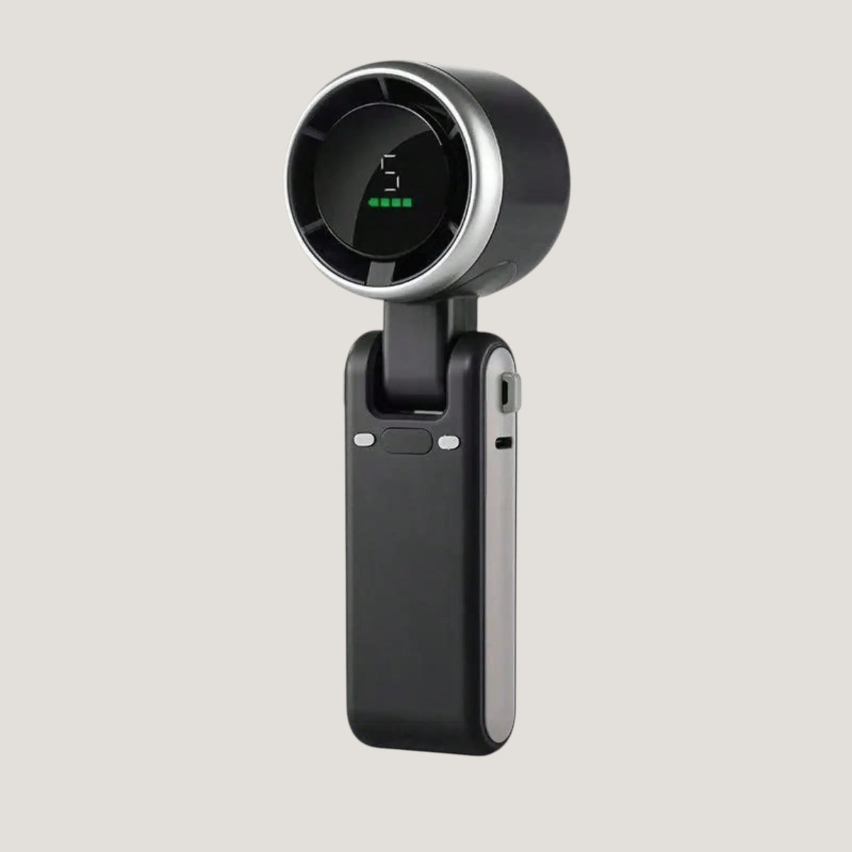 Black Melora foldable handheld fan with digital display and rechargeable battery