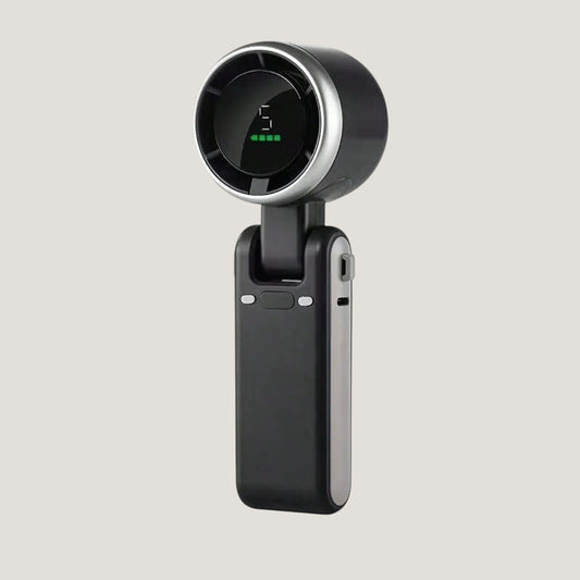 Black Melora foldable handheld fan with digital display and rechargeable battery