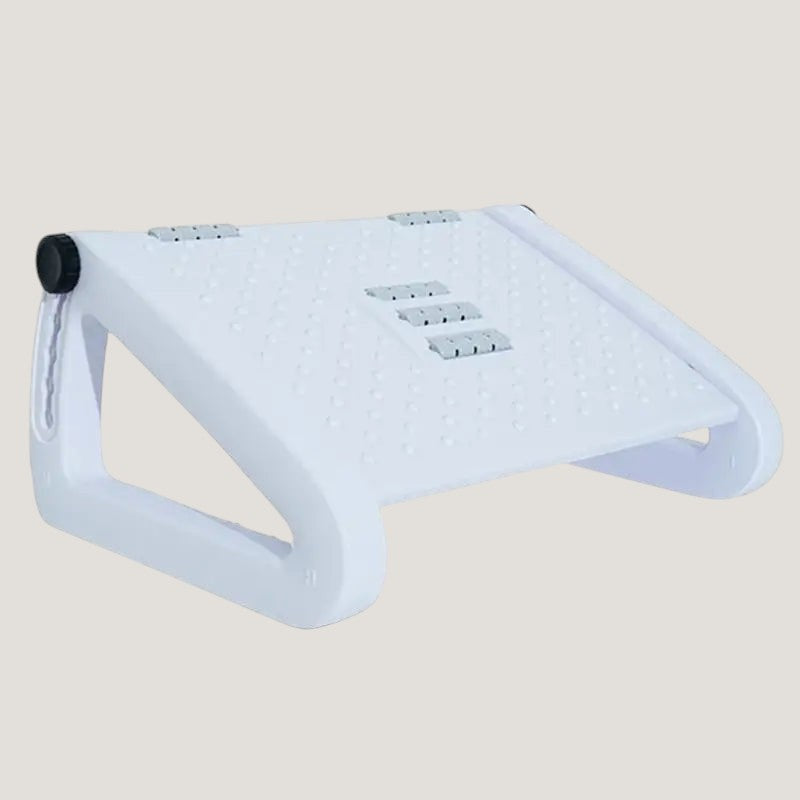 White Melora adjustable under-desk foot rest with ergonomic shape and anti-slip base
