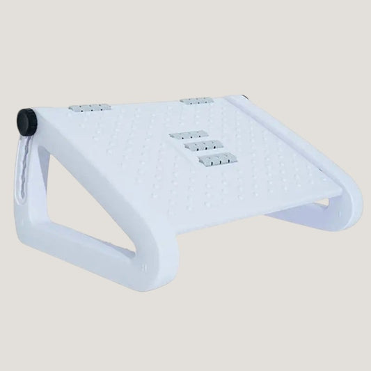 White Melora adjustable under-desk foot rest with ergonomic shape and anti-slip base
