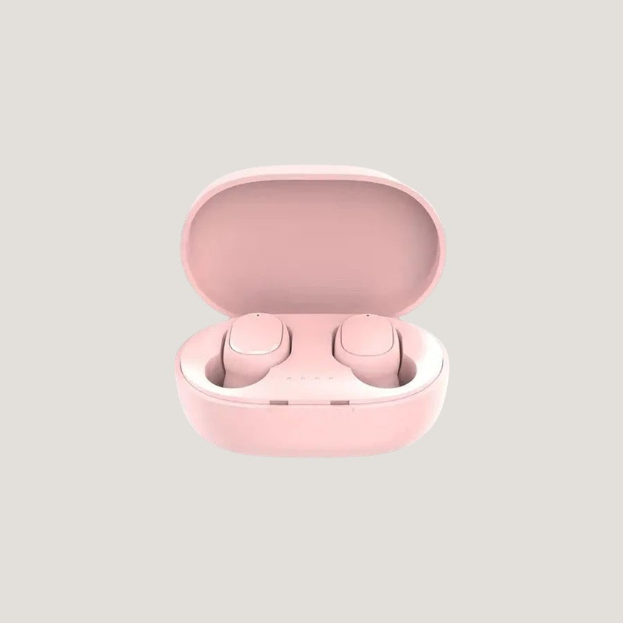 Soft pink Melora true wireless earbuds in charging case with LED indicator