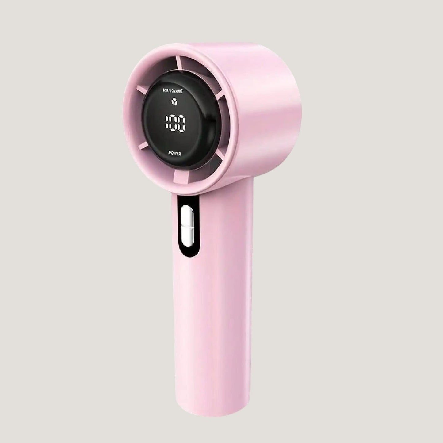 Pink Melora foldable handheld fan showing digital battery and airflow-level display