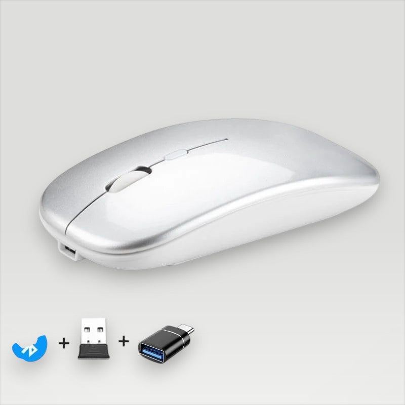 Silver Melora wireless mouse with Bluetooth and USB receiver, slim ergonomic design