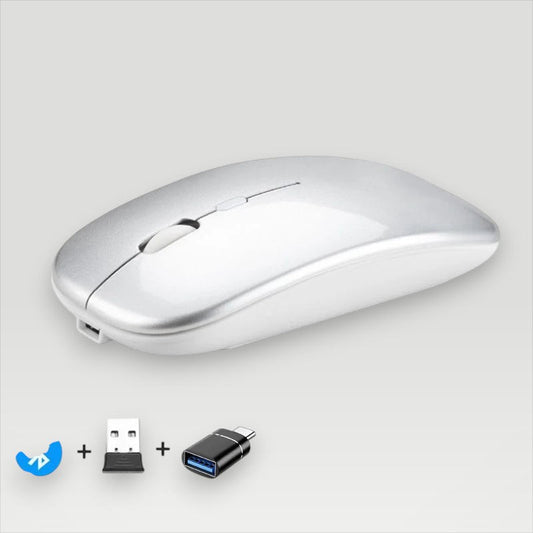 Silver Melora wireless mouse with Bluetooth and USB receiver, slim ergonomic design