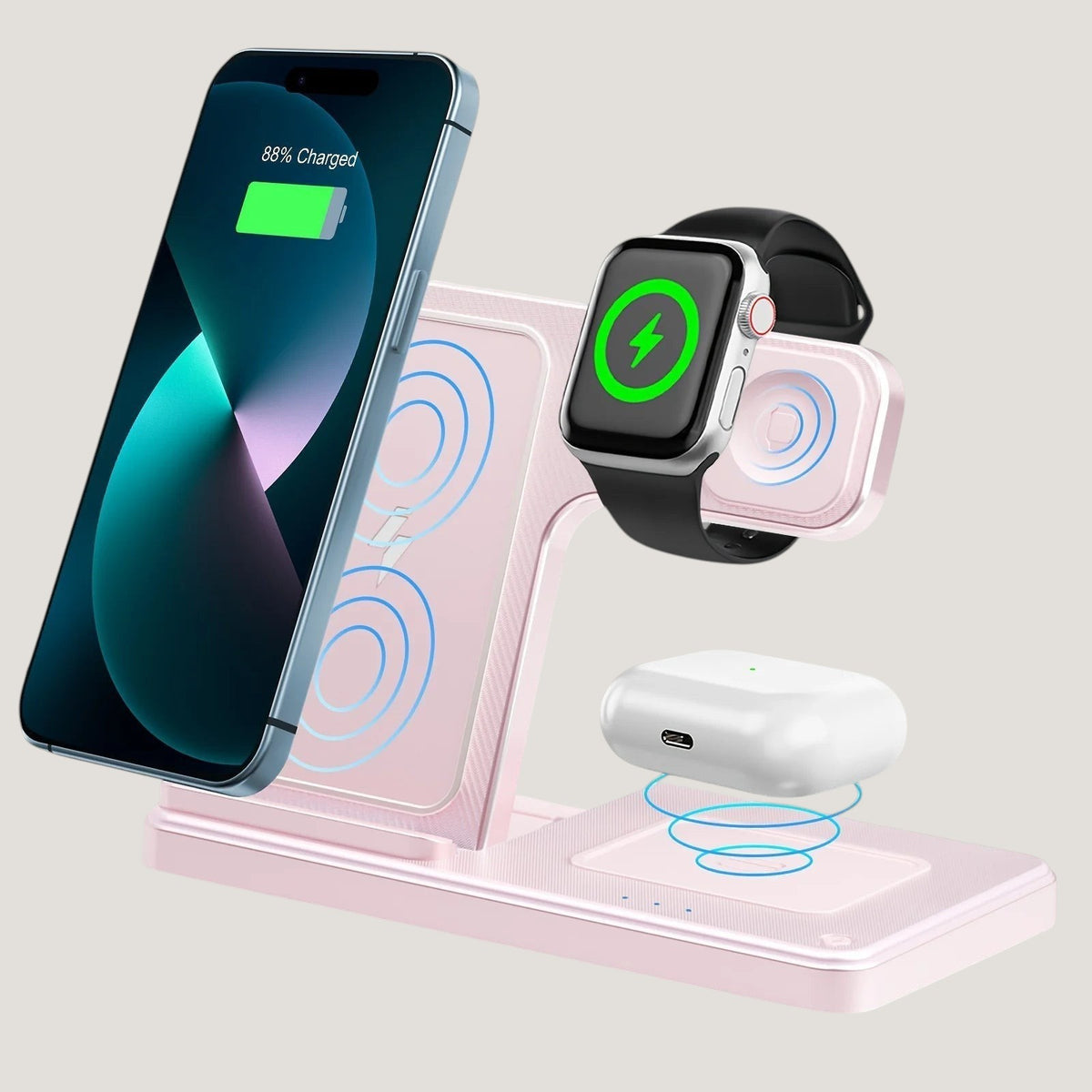 Soft pink Melora foldable magnetic 3-in-1 charging stand for phone, watch and earbuds