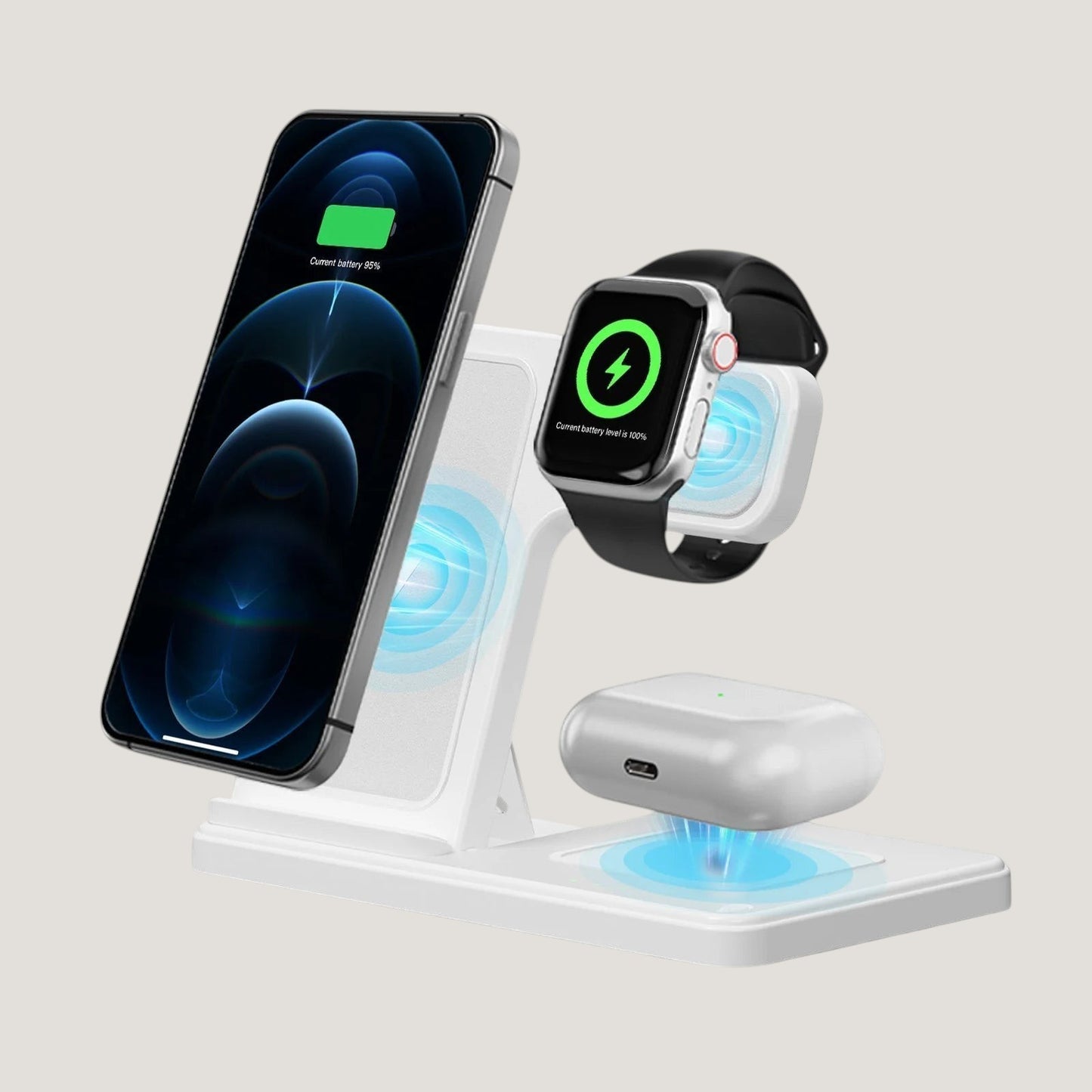 White Melora foldable magnetic 3-in-1 charging stand for phone, Apple Watch and earbuds
