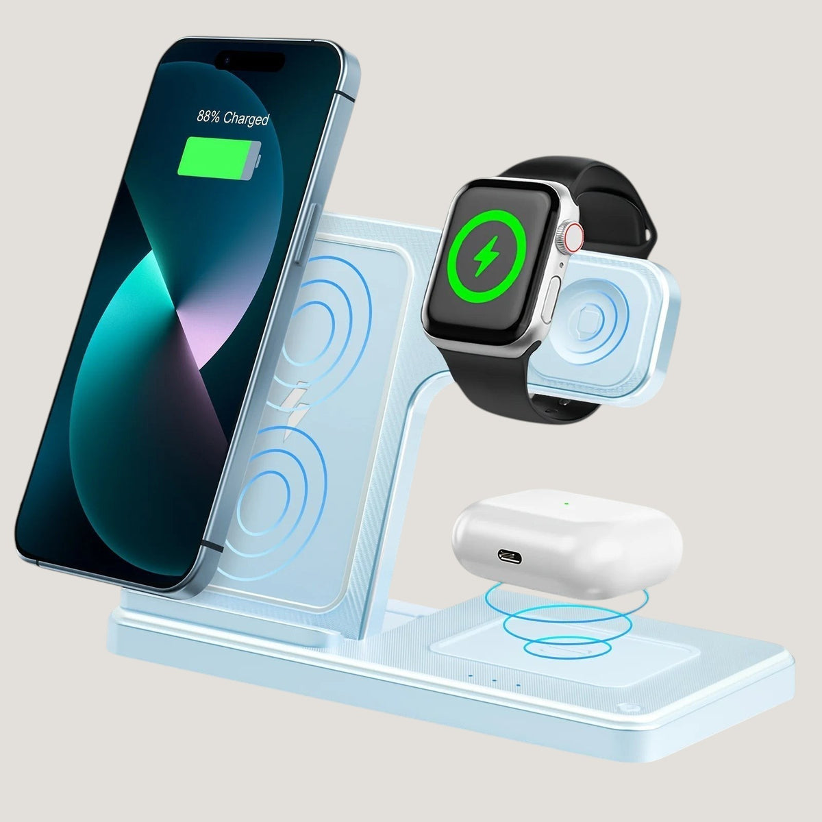Light blue Melora foldable magnetic 3-in-1 charging stand for phone, watch and earbuds