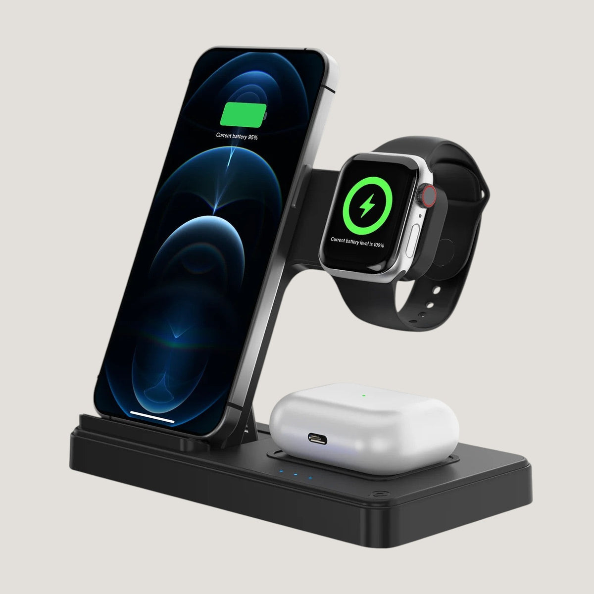 Black Melora foldable magnetic 3-in-1 charging stand for phone, Apple Watch and earbuds