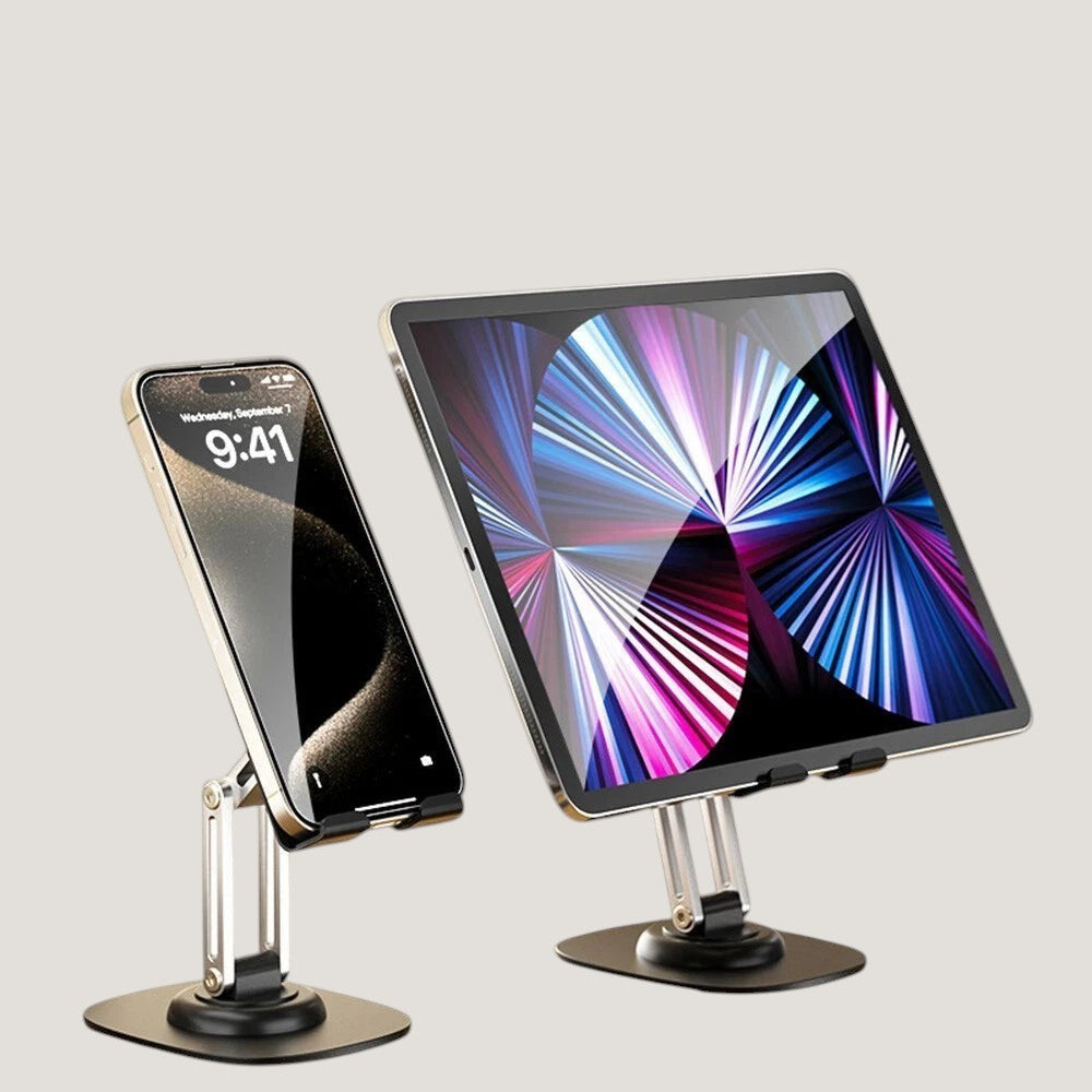 Melora adjustable foldable phone and tablet stand with rubber-padded grip and rotating base