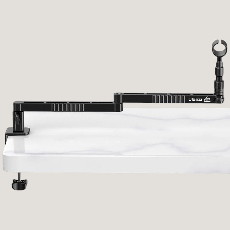 Black aluminum Melora Ulanzi LS26 desktop mic arm, alternate view with clamp mount