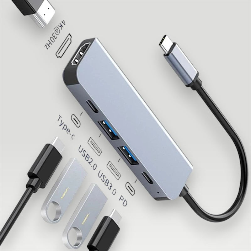 Gray aluminum Melora USB-C hub with 4K HDMI, USB 3.0 ports and PD charging