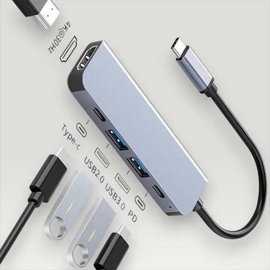 Gray aluminum Melora USB-C hub with 4K HDMI, USB 3.0 ports and PD charging