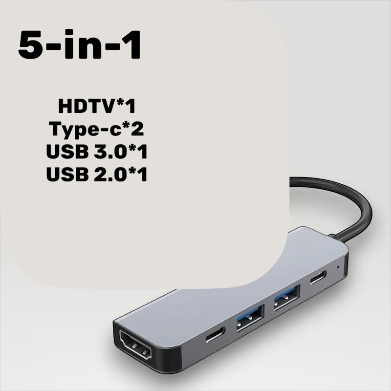Compact gray aluminum Melora USB-C hub, 5-in-1, with HDMI, USB 3.0 and USB 2.0 ports