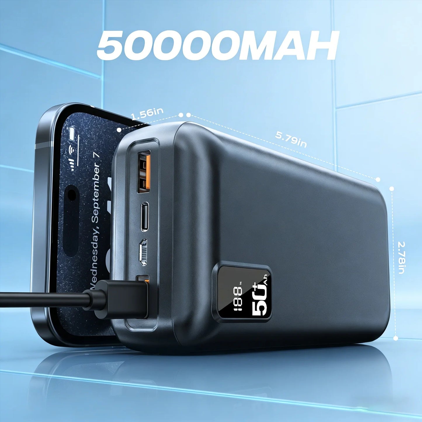 Black Melora Hganus 50000mAh power bank with digital display and fast-charging ports