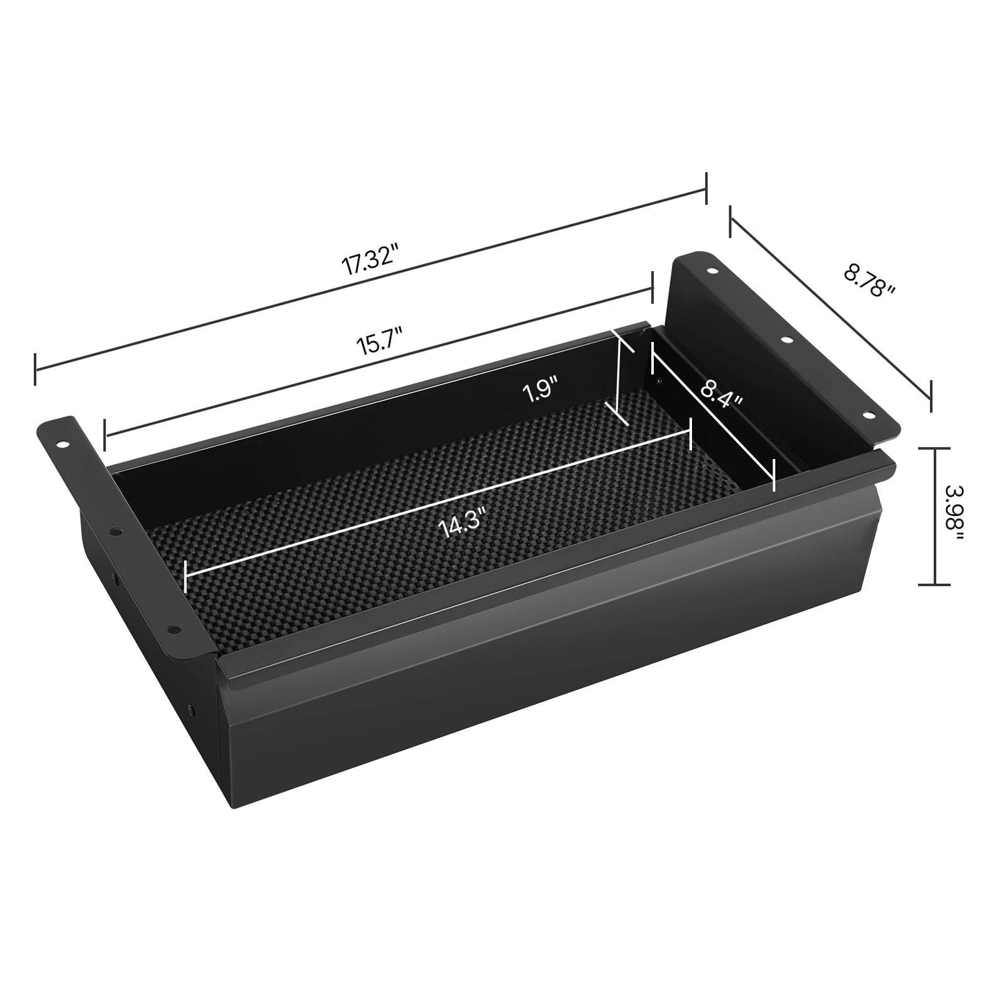 Black steel Melora SucceBuy under-desk drawer organizer shown with dimensions and cushioned interior