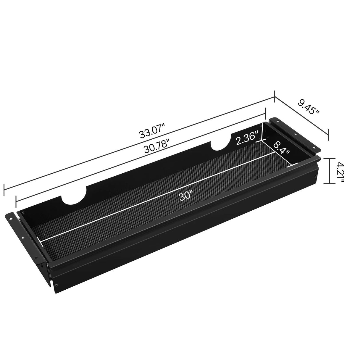 Black steel Melora SucceBuy under-desk drawer organizer shown with dimensions and cushioned interior