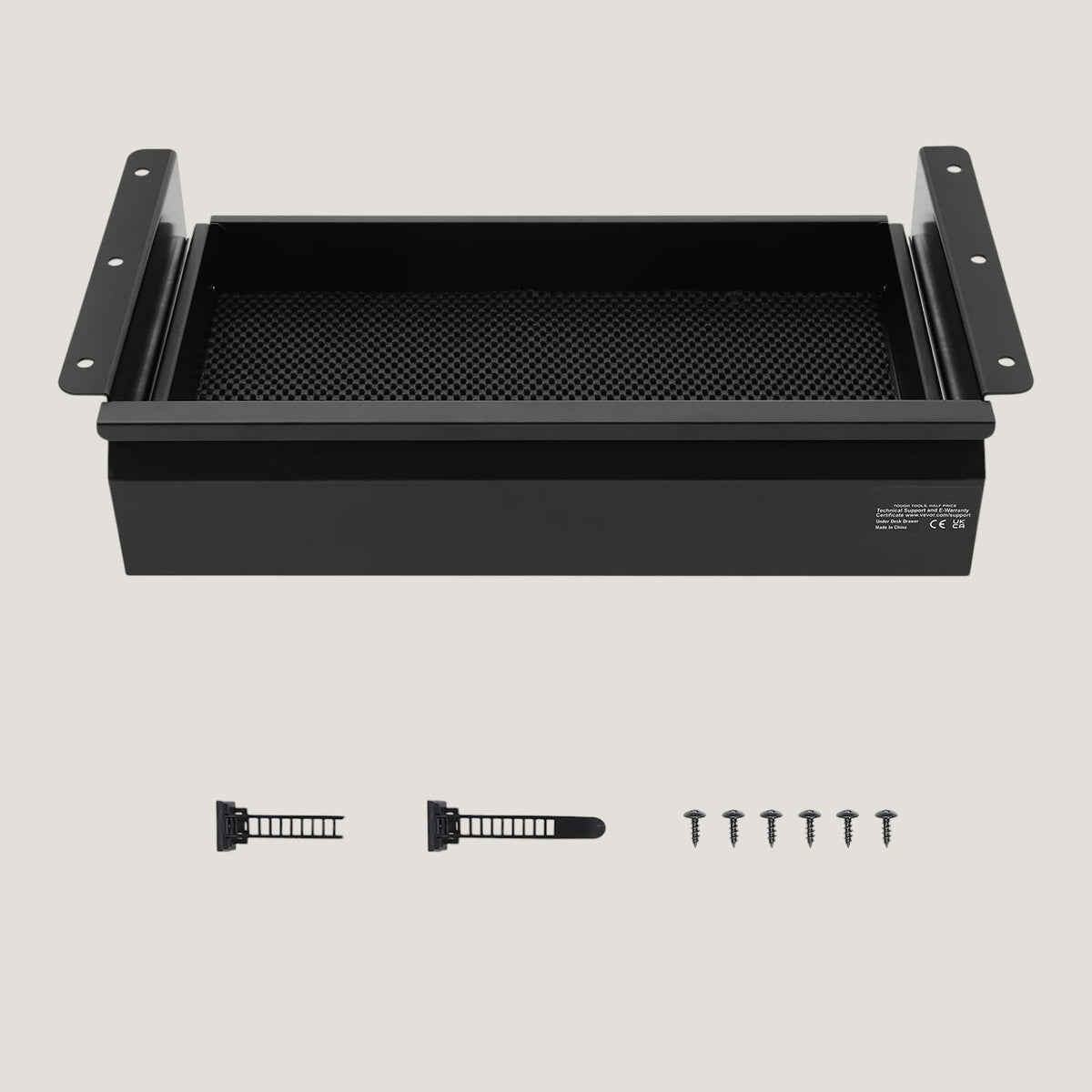 Black steel Melora SucceBuy under-desk slide-out drawer organizer with cushioned interior