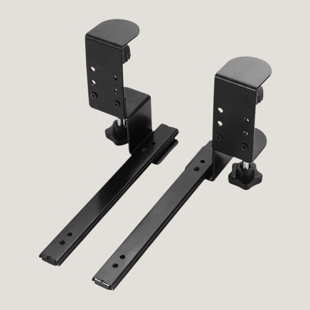 Black steel Melora under-desk keyboard tray rails with no-drill clamp mount