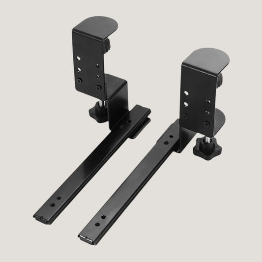 Black steel Melora under-desk keyboard tray rails with no-drill clamp mount